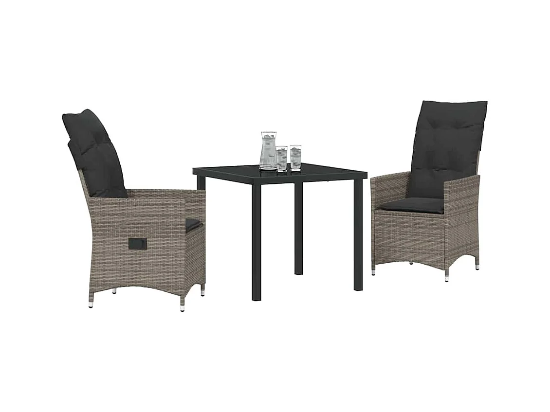 Set da pranzo da giardino 3 pezzi con cuscini grigi in polyrattan