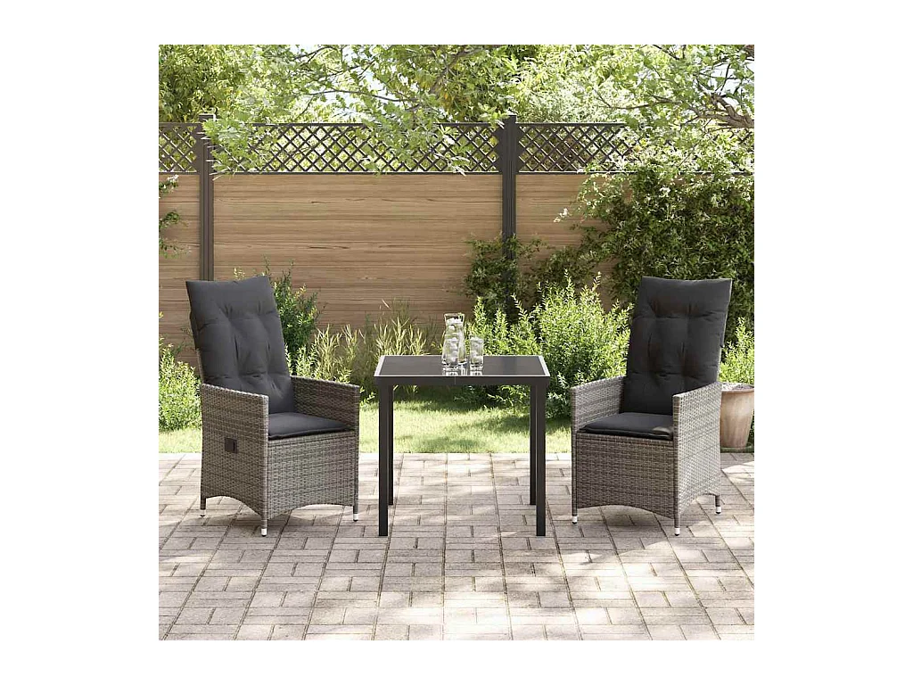 Set da pranzo da giardino 3 pezzi con cuscini grigi in polyrattan