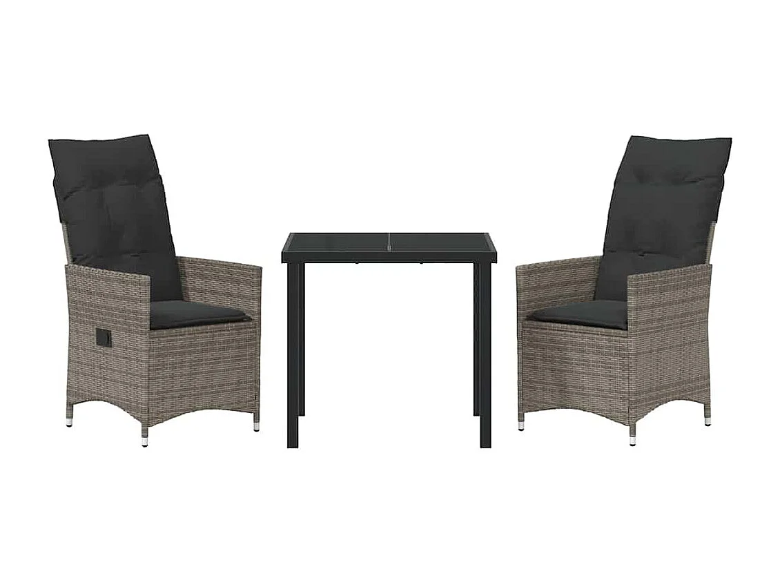 Set da pranzo da giardino 3 pezzi con cuscini grigi in polyrattan