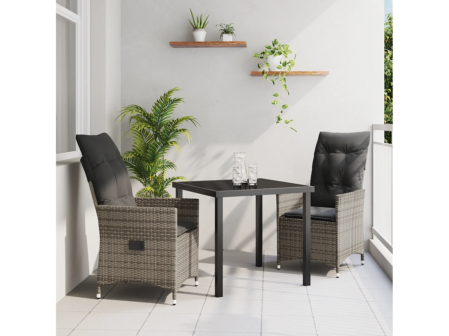 3-delige tuinset met grijze kussens van polyrotan