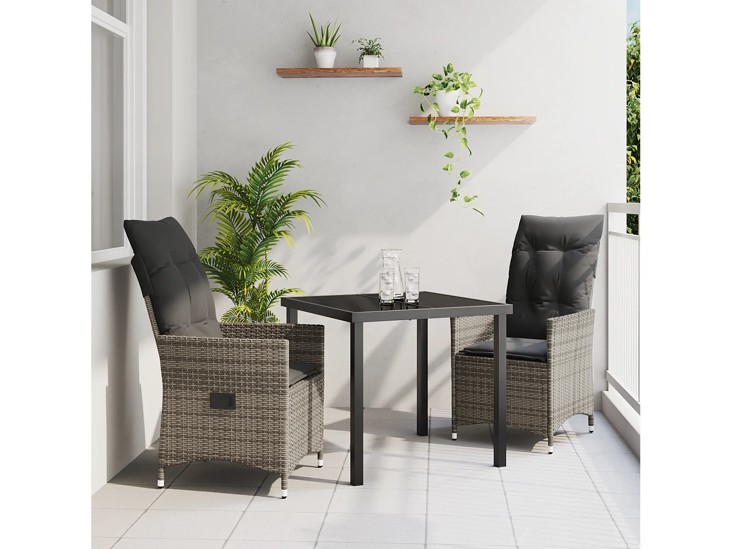 Juego de comedor de jardín de 3 piezas con cojines grises de ratán sintético