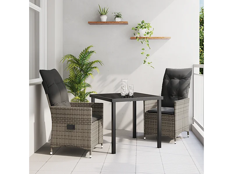 Set de salle à manger de jardin de 3 pièces avec coussins gris en rotin poly