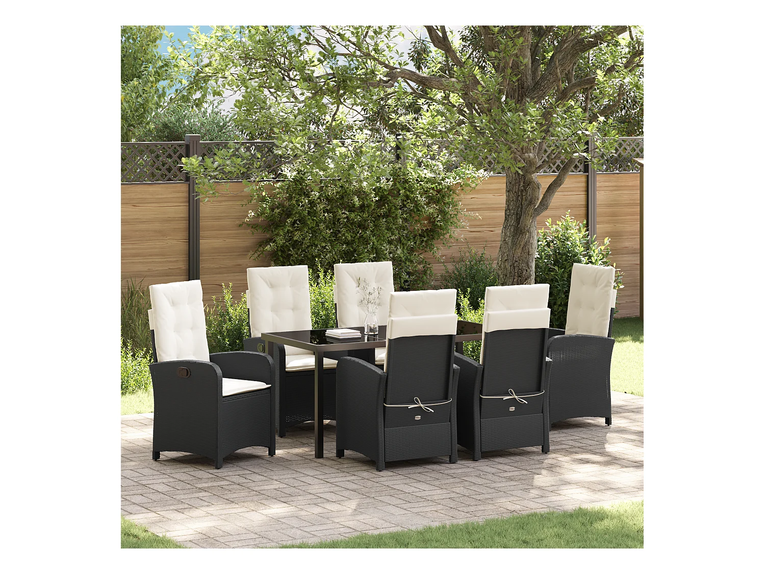 Set da pranzo da giardino 7 pezzi con cuscini - Polyrattan nero