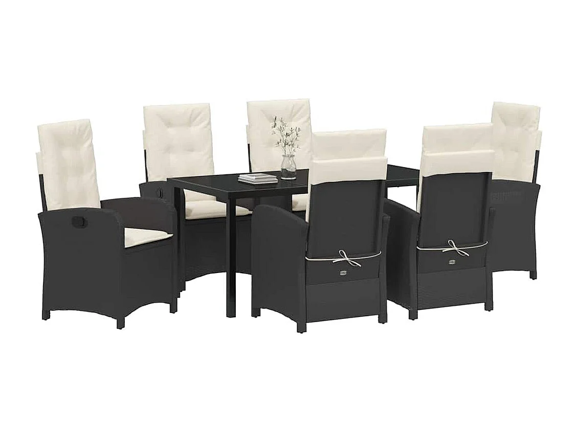 7-delige tuinset met kussens - zwart polyrotan