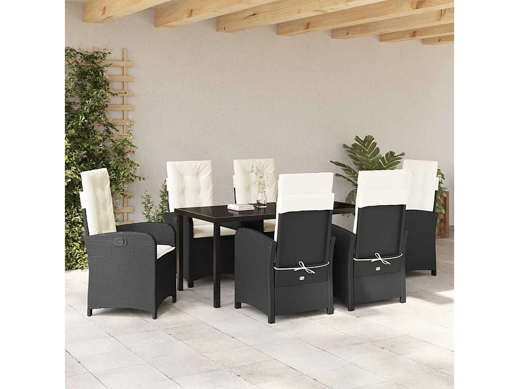 7-delige tuinset met kussens - zwart polyrotan