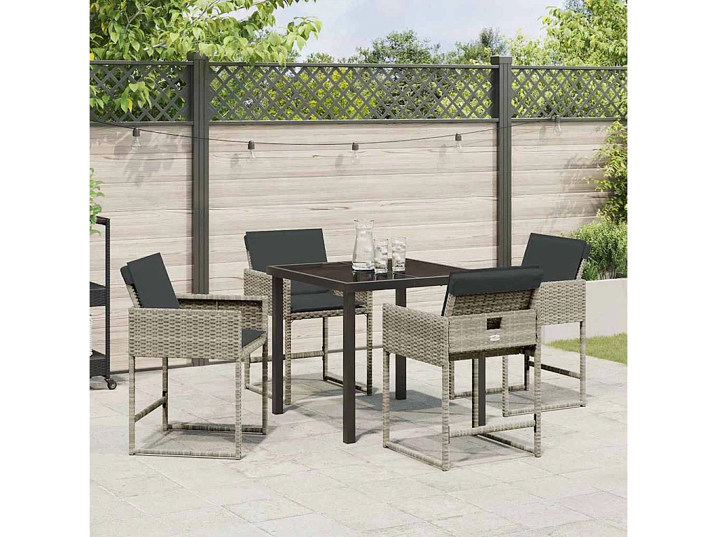 Ensemble de salle à manger de jardin 5 pièces avec coussins gris clair en rattan poly
