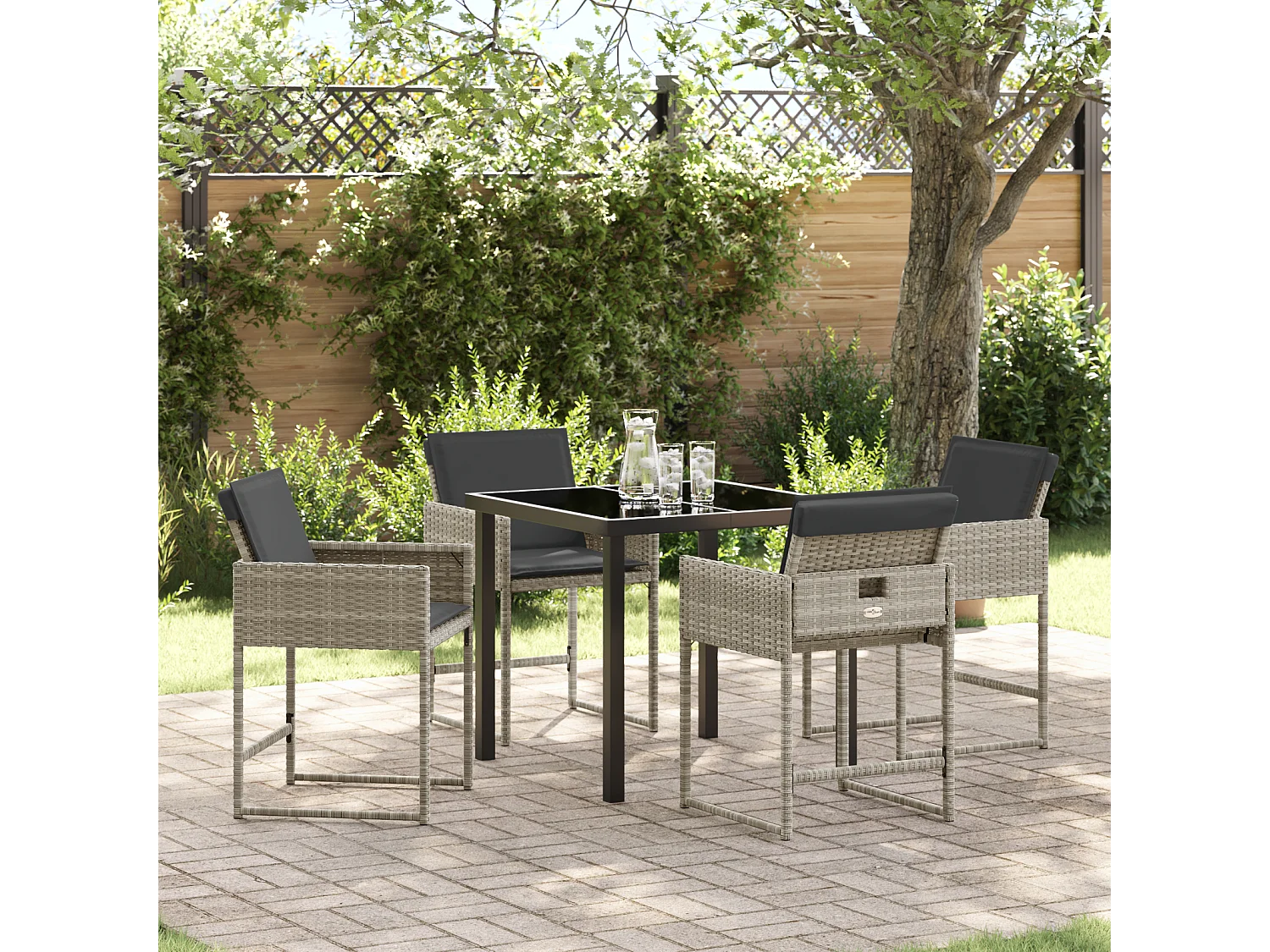 Set da pranzo da giardino 5 pezzi con cuscini grigio chiaro in polyrattan