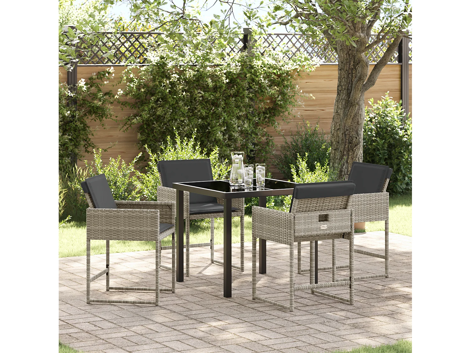 Ensemble de salle à manger de jardin 5 pièces avec coussins gris clair en rattan poly
