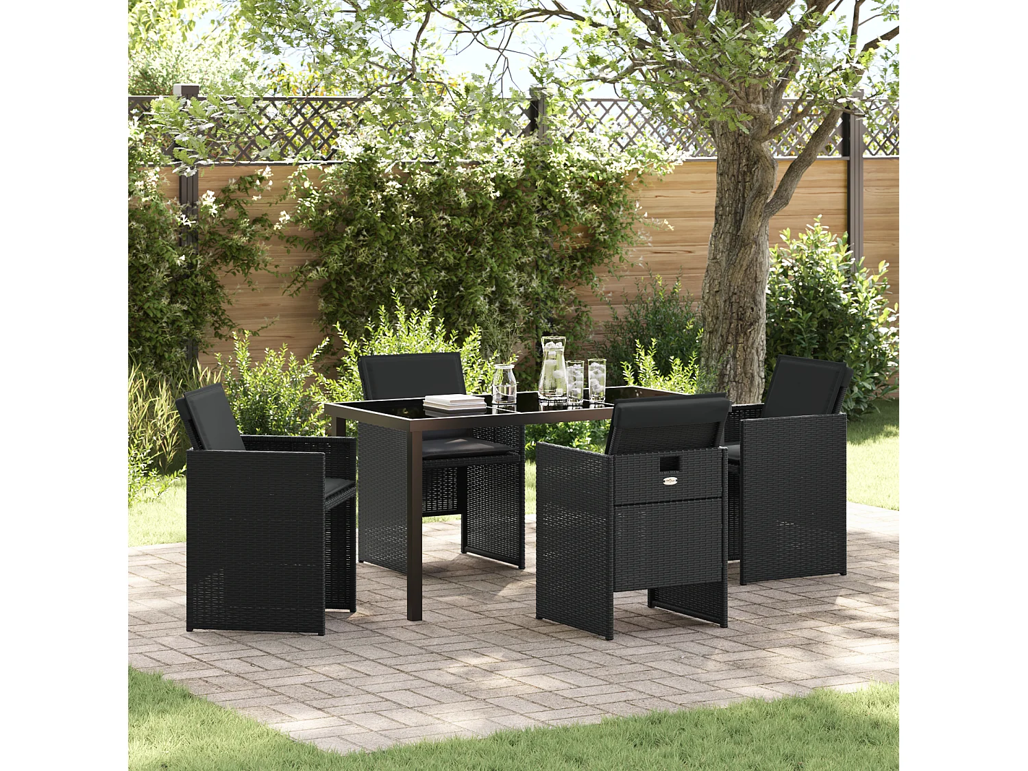 Set da pranzo da giardino 5 pezzi con cuscini in polyrattan nero