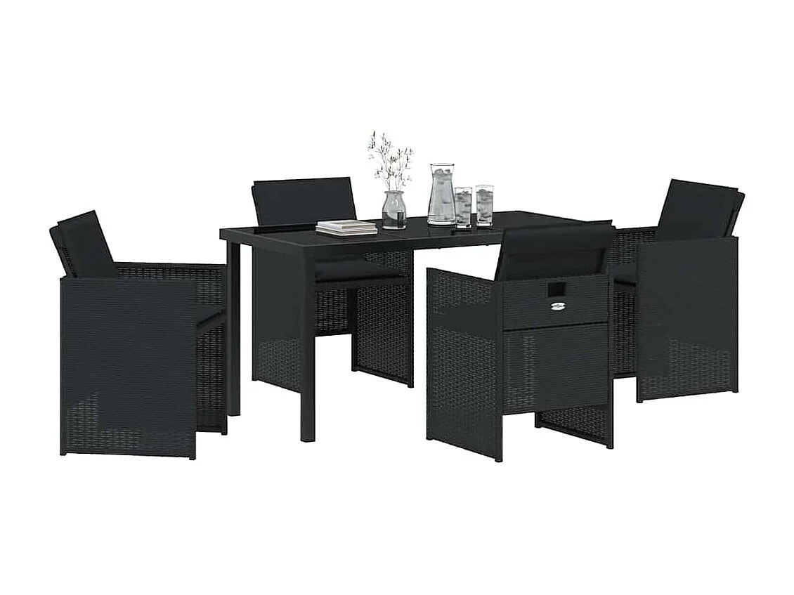 Set da pranzo da giardino 5 pezzi con cuscini in polyrattan nero