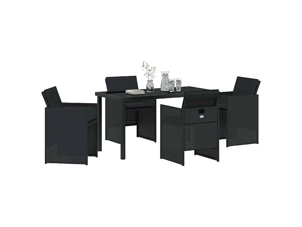 Juego de comedor de jardín de 5 piezas con cojines de ratán sintético negro