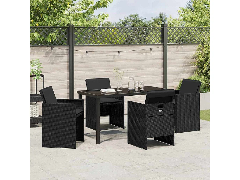 Juego de comedor de jardín de 5 piezas con cojines de ratán sintético negro