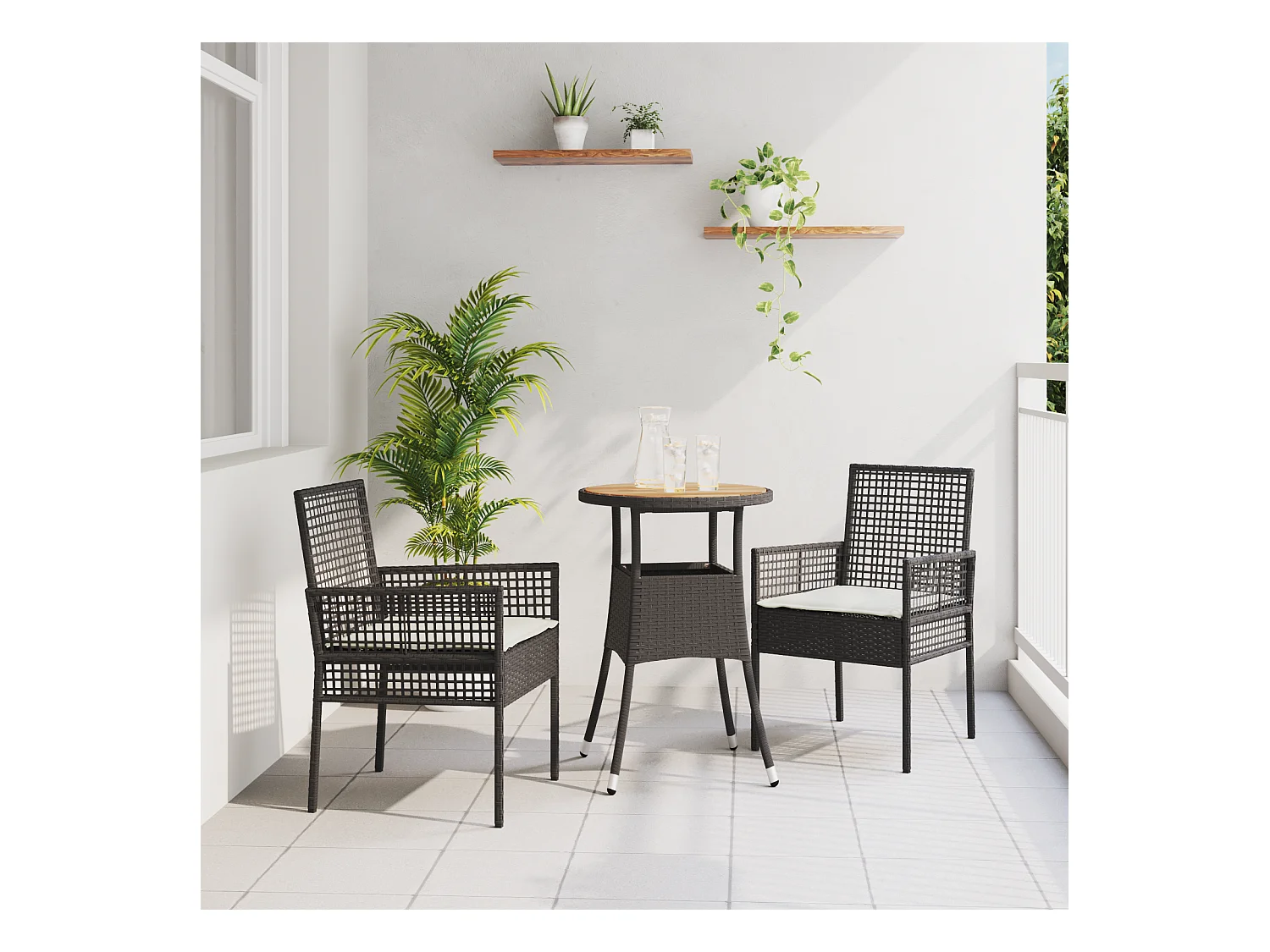 Set da pranzo da giardino in polyrattan nero da 3 pezzi