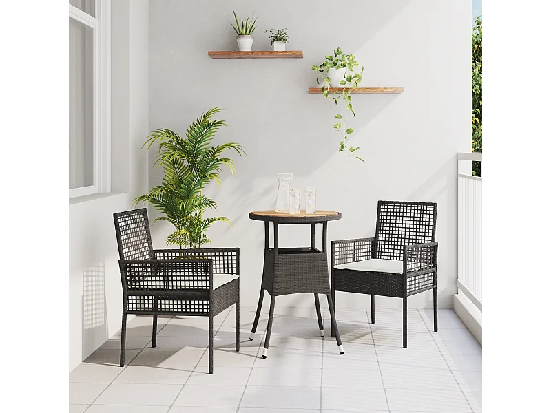 Set da pranzo da giardino in polyrattan nero da 3 pezzi