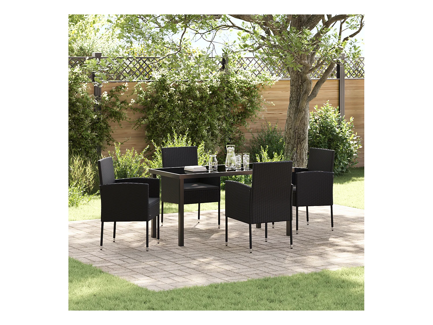 Set da pranzo da giardino 5 pezzi con cuscini in polyrattan nero