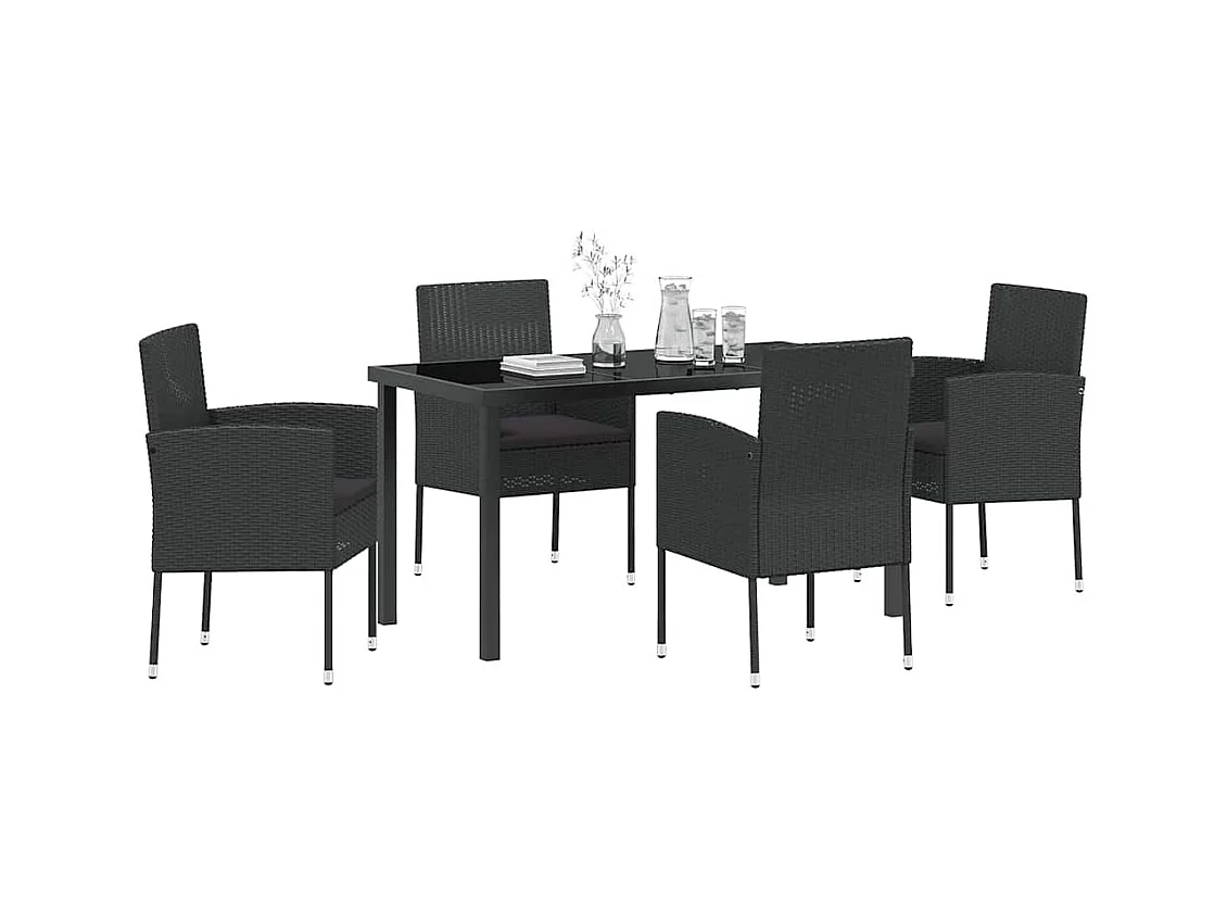 Set da pranzo da giardino 5 pezzi con cuscini in polyrattan nero