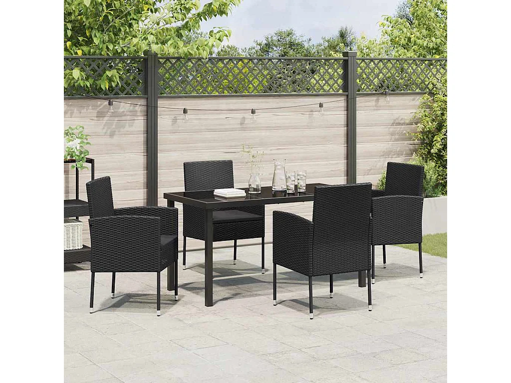 Set da pranzo da giardino 5 pezzi con cuscini in polyrattan nero