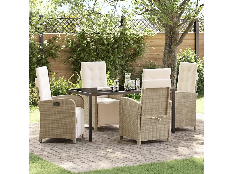 Ensemble de salle à manger de jardin 5 pièces avec coussins en rotin synthétique beige