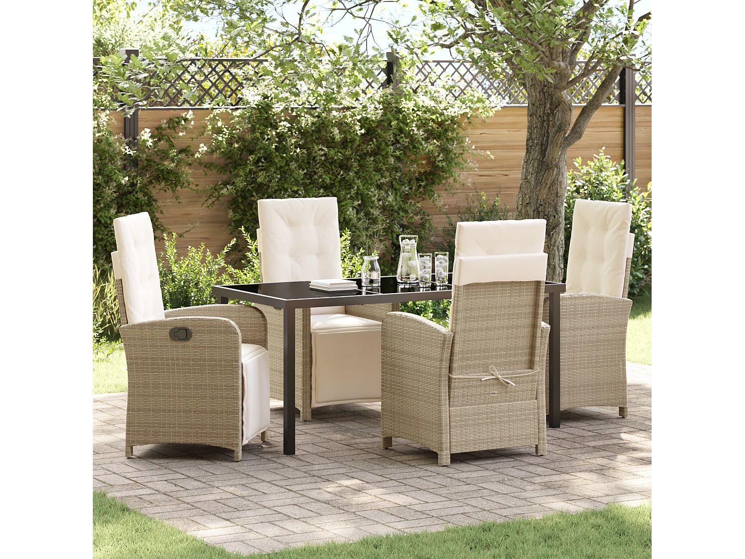 Ensemble de salle à manger de jardin 5 pièces avec coussins en rotin synthétique beige