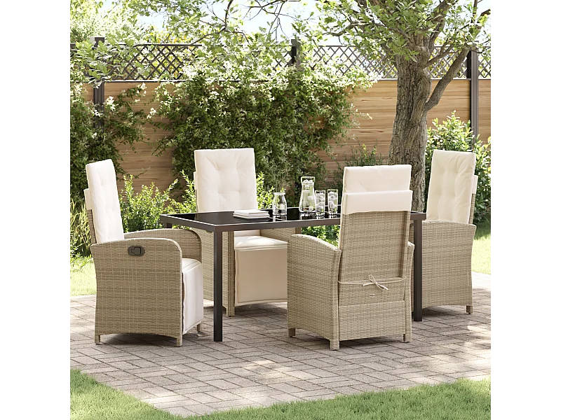 Ensemble de salle à manger de jardin 5 pièces avec coussins en rotin synthétique beige