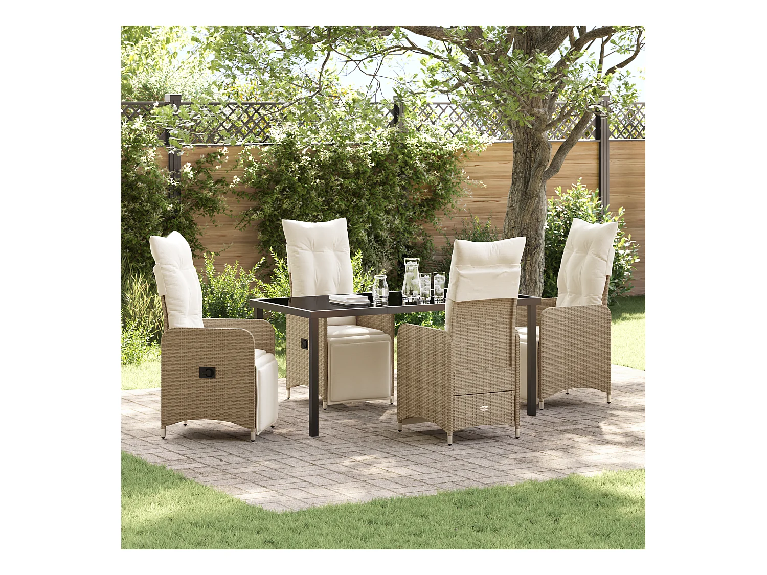 5-teiliges Garten-Ess-Set mit Kissen, Beige, Poly Rattan