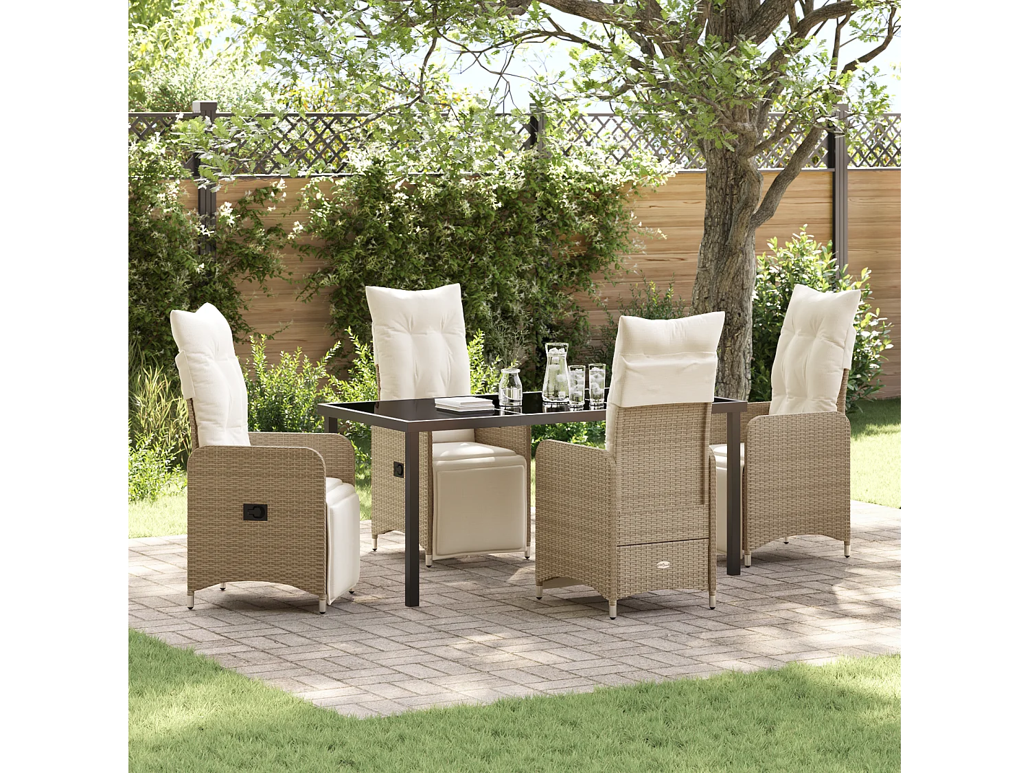 Set de repas de jardin 5 pièces avec coussins Beige Poly Rattan