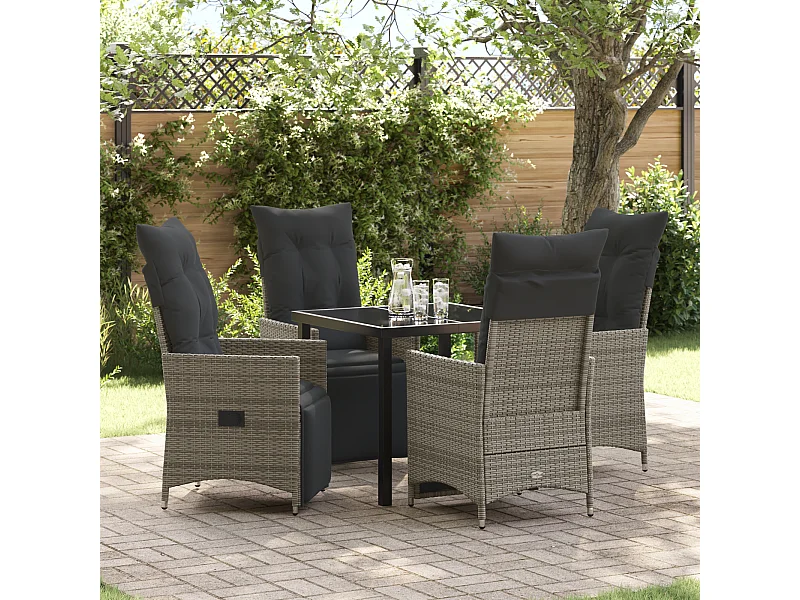 Set da pranzo da giardino 5 pezzi con cuscini in polyrattan grigio