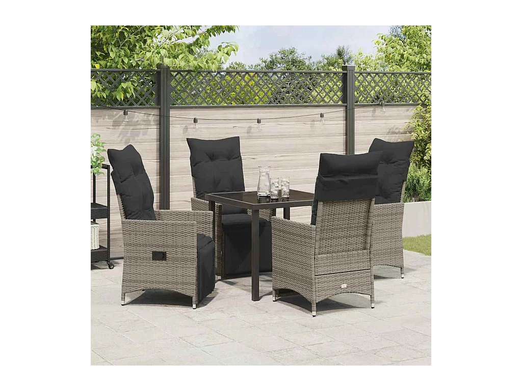 Set da pranzo da giardino 5 pezzi con cuscini in polyrattan grigio