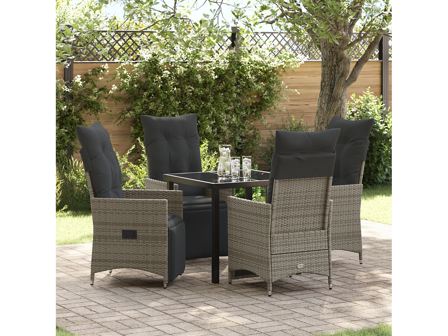 Set da pranzo da giardino 5 pezzi con cuscini in polyrattan grigio