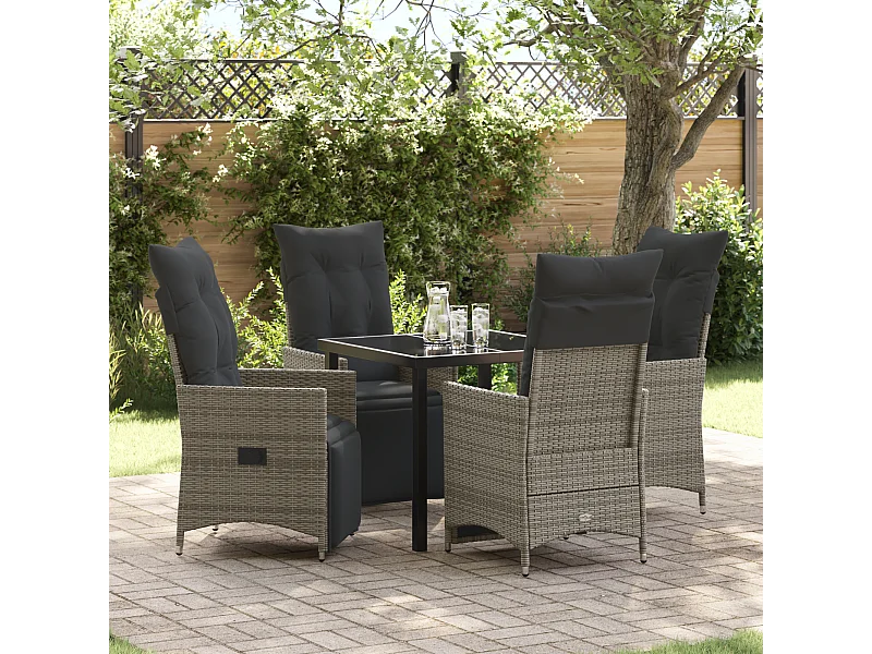 Set da pranzo da giardino 5 pezzi con cuscini in polyrattan grigio