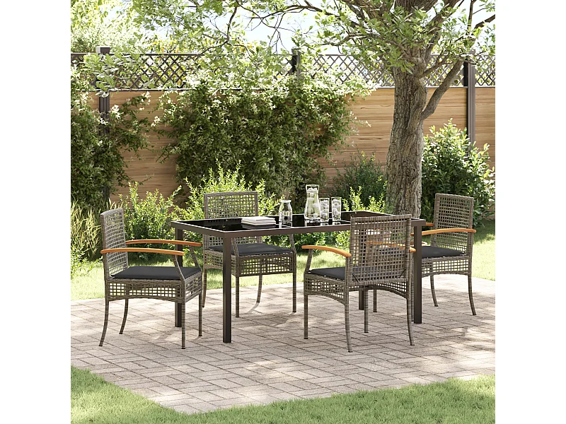 Set da pranzo da giardino 5 pezzi con cuscini in rattan sintetico grigio