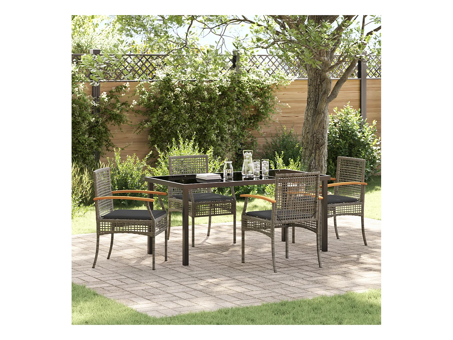 Set da pranzo da giardino 5 pezzi con cuscini in rattan sintetico grigio
