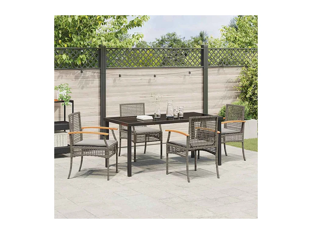 Set da pranzo da giardino 5 pezzi con cuscini in rattan sintetico grigio