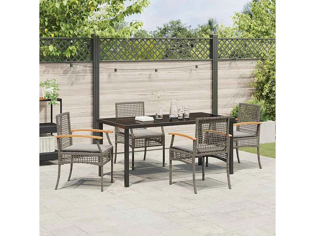 Ensemble de salle à manger de jardin 5 pièces avec coussins en rotin synthétique gris