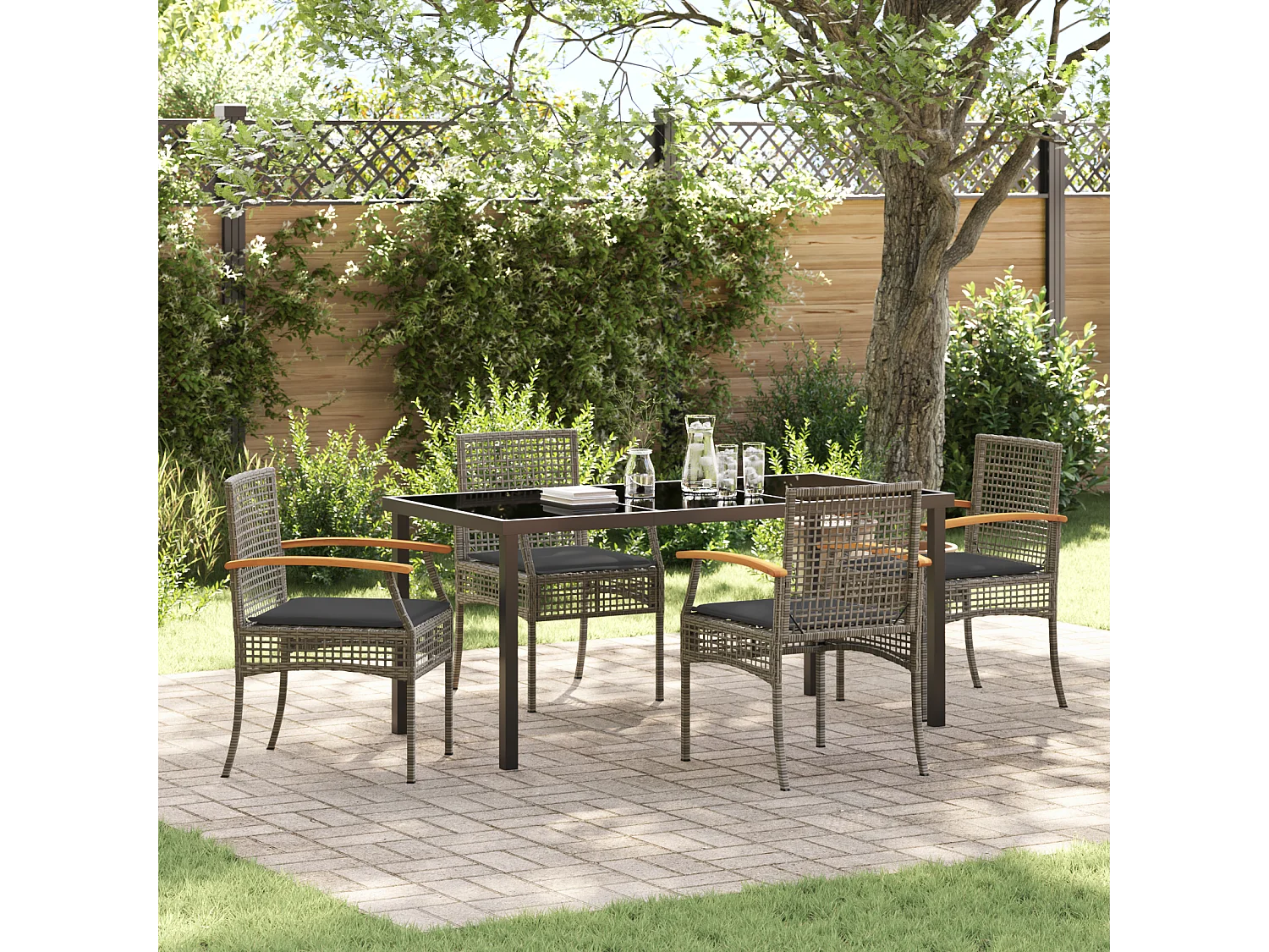 Ensemble de salle à manger de jardin 5 pièces avec coussins en rotin synthétique gris
