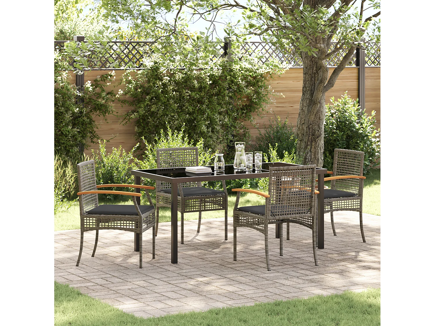 Ensemble de salle à manger de jardin 5 pièces avec coussins en rotin synthétique gris
