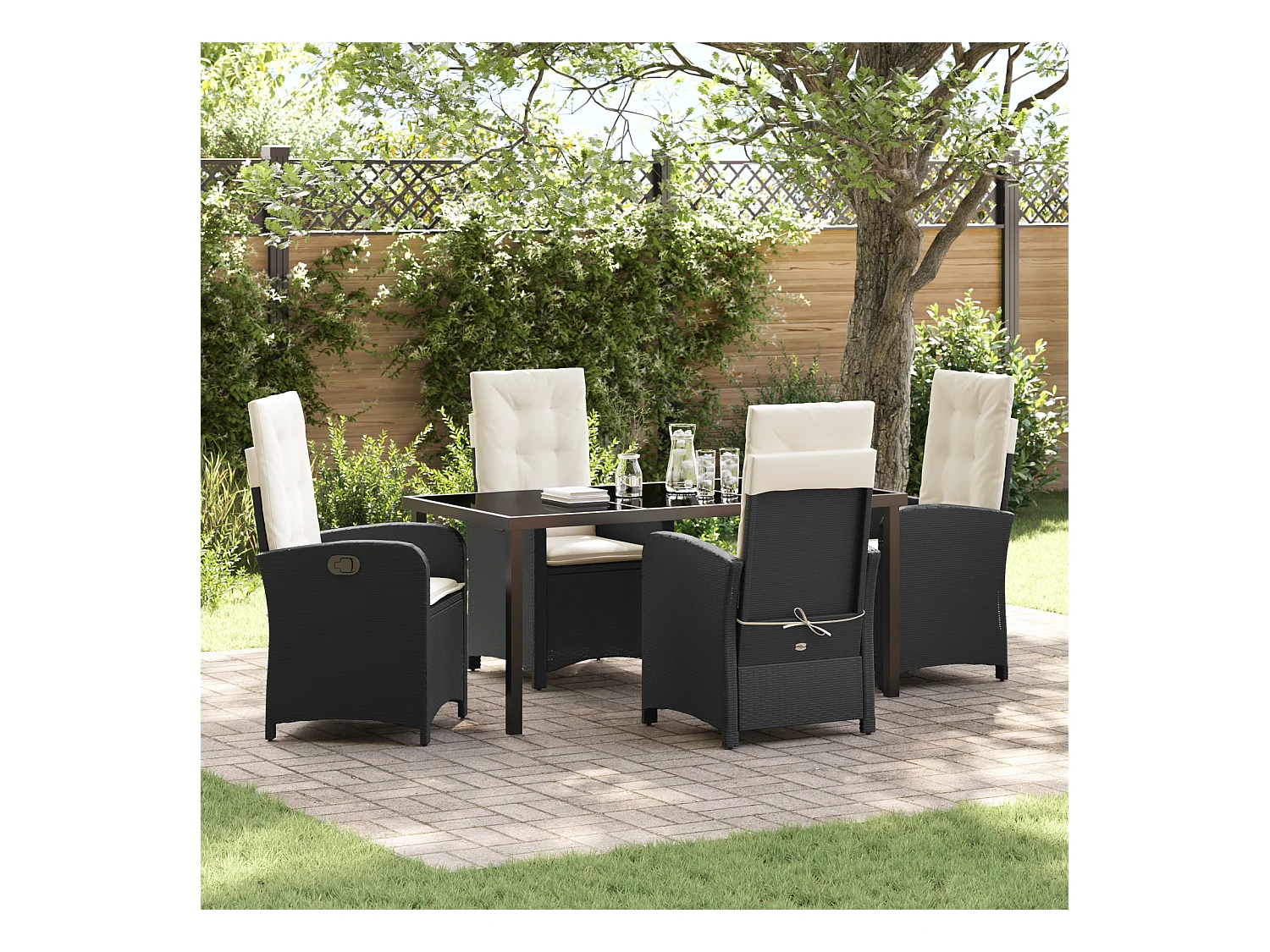 Ensemble de salle à manger de jardin 5 pcs avec coussins en rattan noir