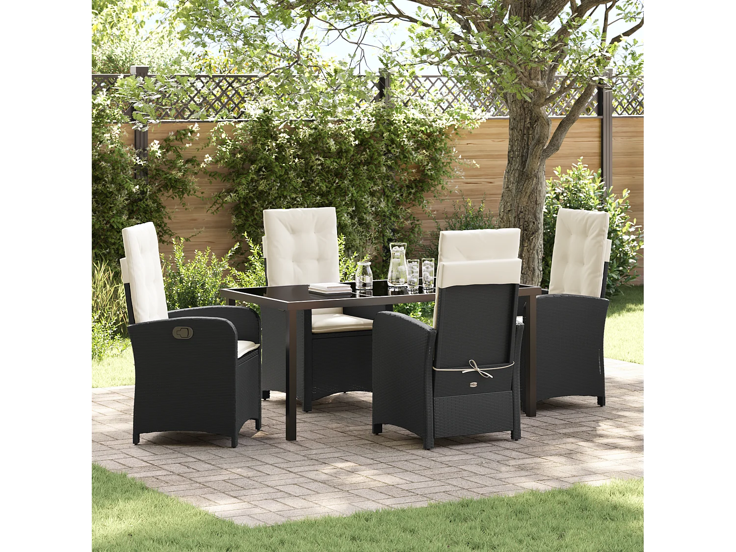 Ensemble de salle à manger de jardin 5 pcs avec coussins en rattan noir