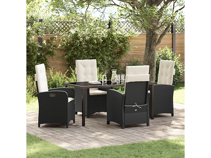 Ensemble de salle à manger de jardin 5 pcs avec coussins en rattan noir