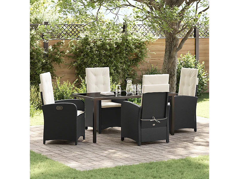 Ensemble de salle à manger de jardin 5 pcs avec coussins en rattan noir