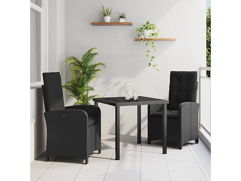 Set da pranzo da giardino 3 pezzi con cuscini in rattan sintetico nero