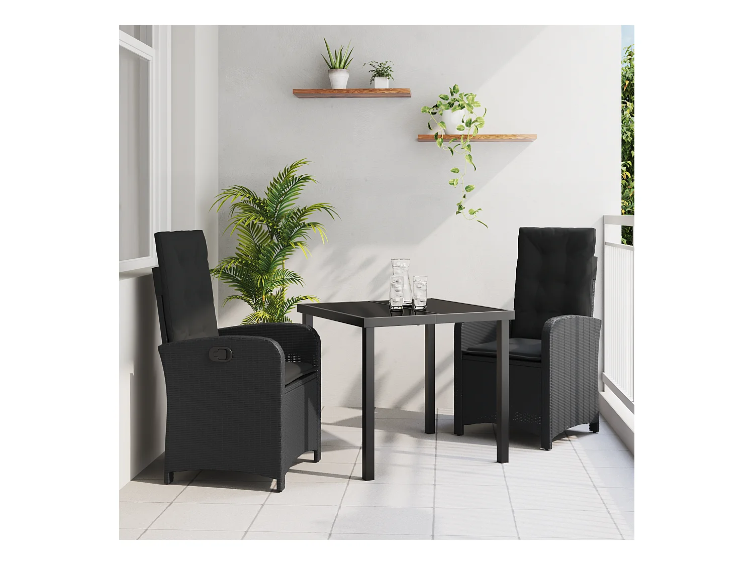 Set da pranzo da giardino 3 pezzi con cuscini in rattan sintetico nero