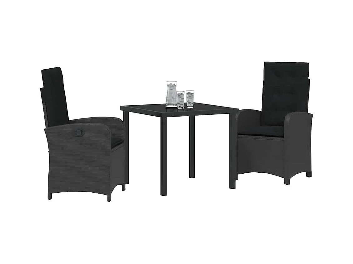 Set da pranzo da giardino 3 pezzi con cuscini in rattan sintetico nero
