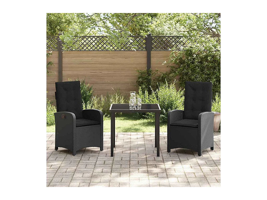Set da pranzo da giardino 3 pezzi con cuscini in rattan sintetico nero