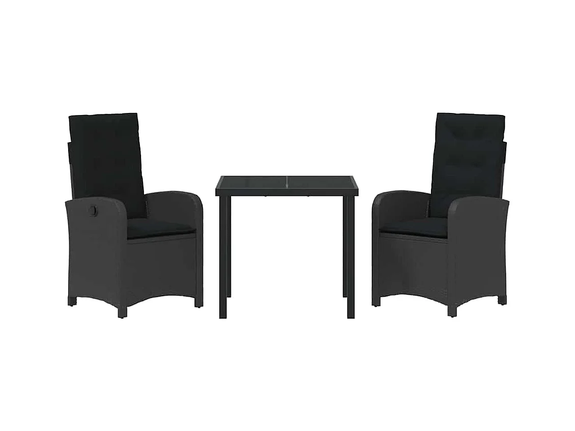 Set da pranzo da giardino 3 pezzi con cuscini in rattan sintetico nero