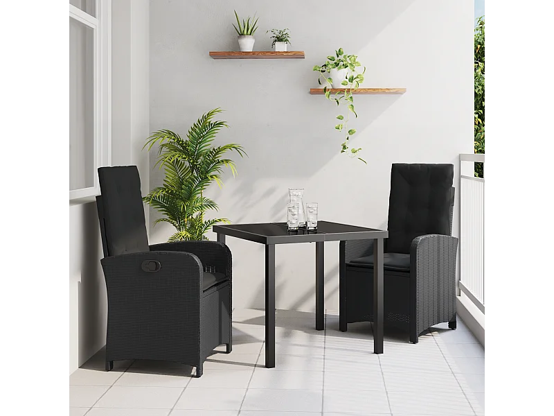 Set da pranzo da giardino 3 pezzi con cuscini in rattan sintetico nero