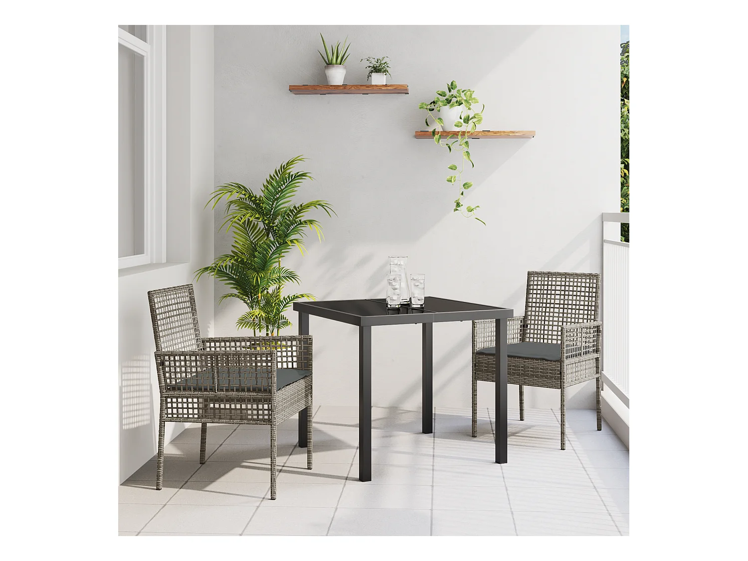 Set da pranzo da giardino 3 pezzi con cuscini in polyrattan grigio