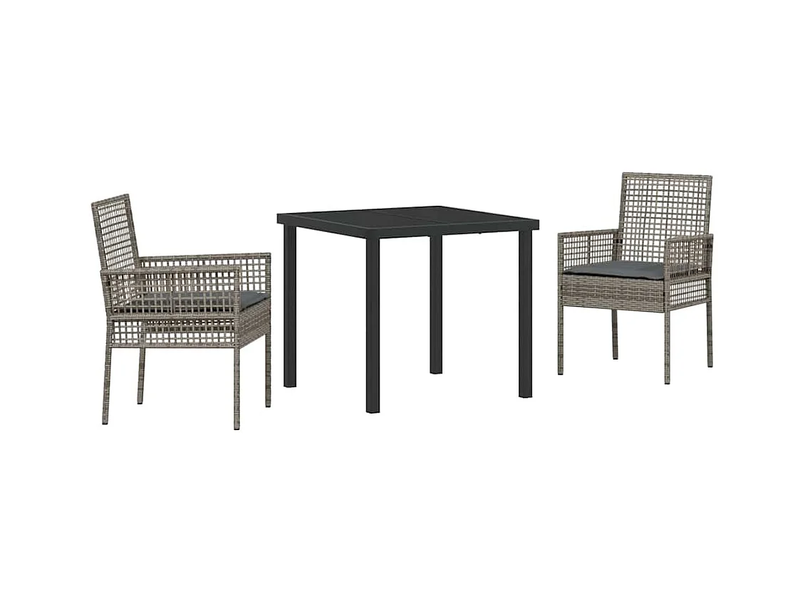 Set da pranzo da giardino 3 pezzi con cuscini in polyrattan grigio