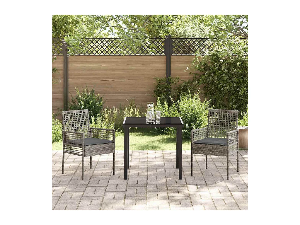 Set da pranzo da giardino 3 pezzi con cuscini in polyrattan grigio