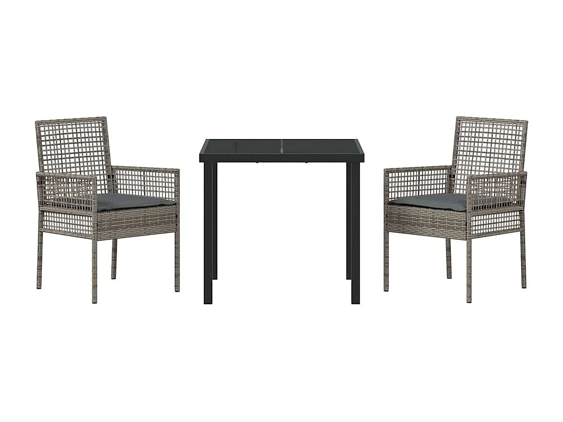 Set da pranzo da giardino 3 pezzi con cuscini in polyrattan grigio